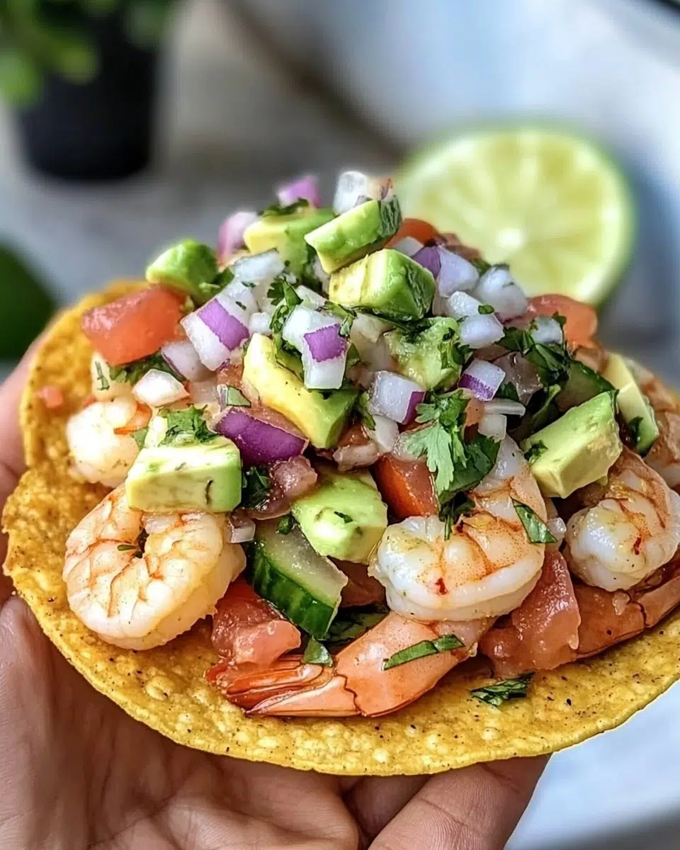 Zesty shrimp ceviche tostadas garnished with avocado and cilantro