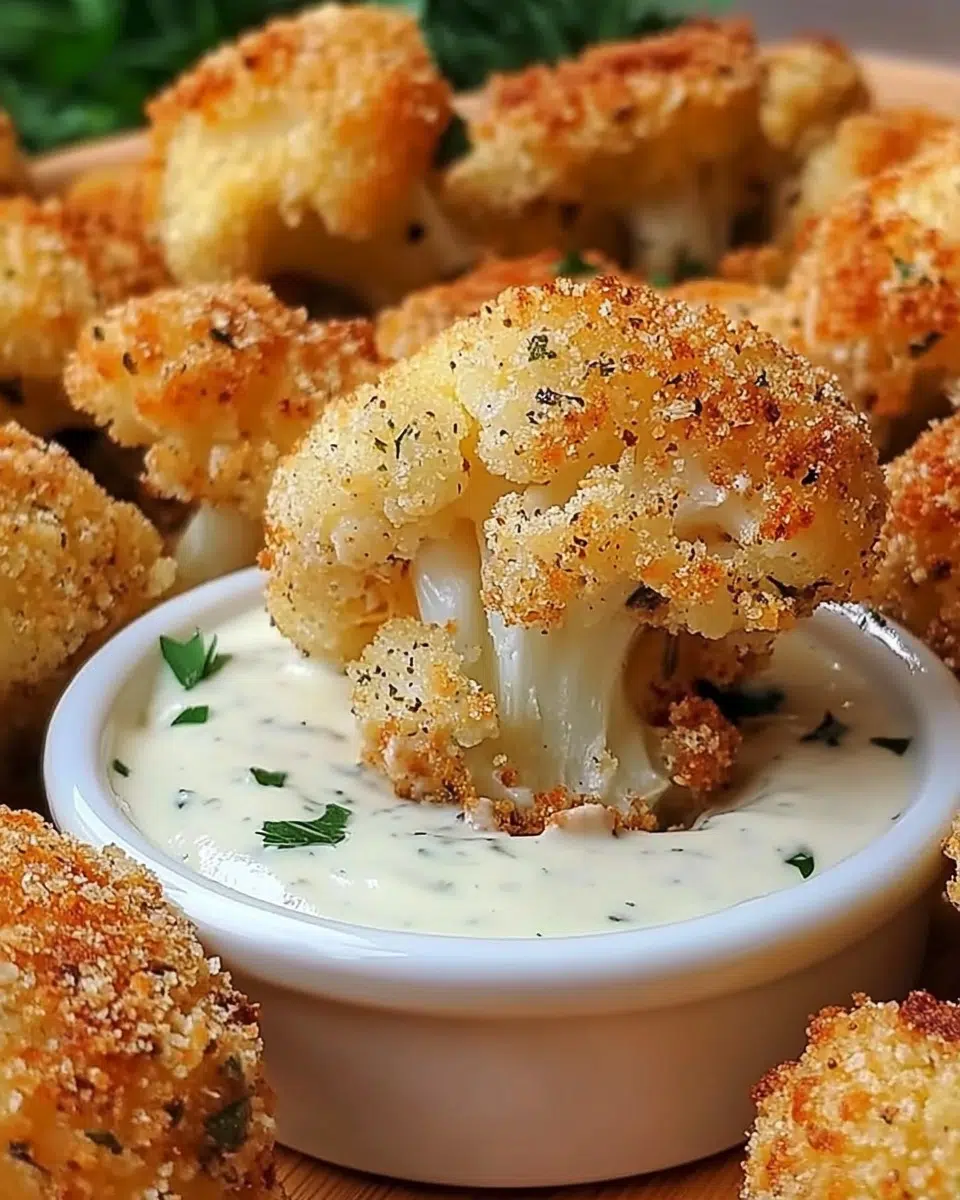 Crispy golden roasted cauliflower florets in a serving dish.