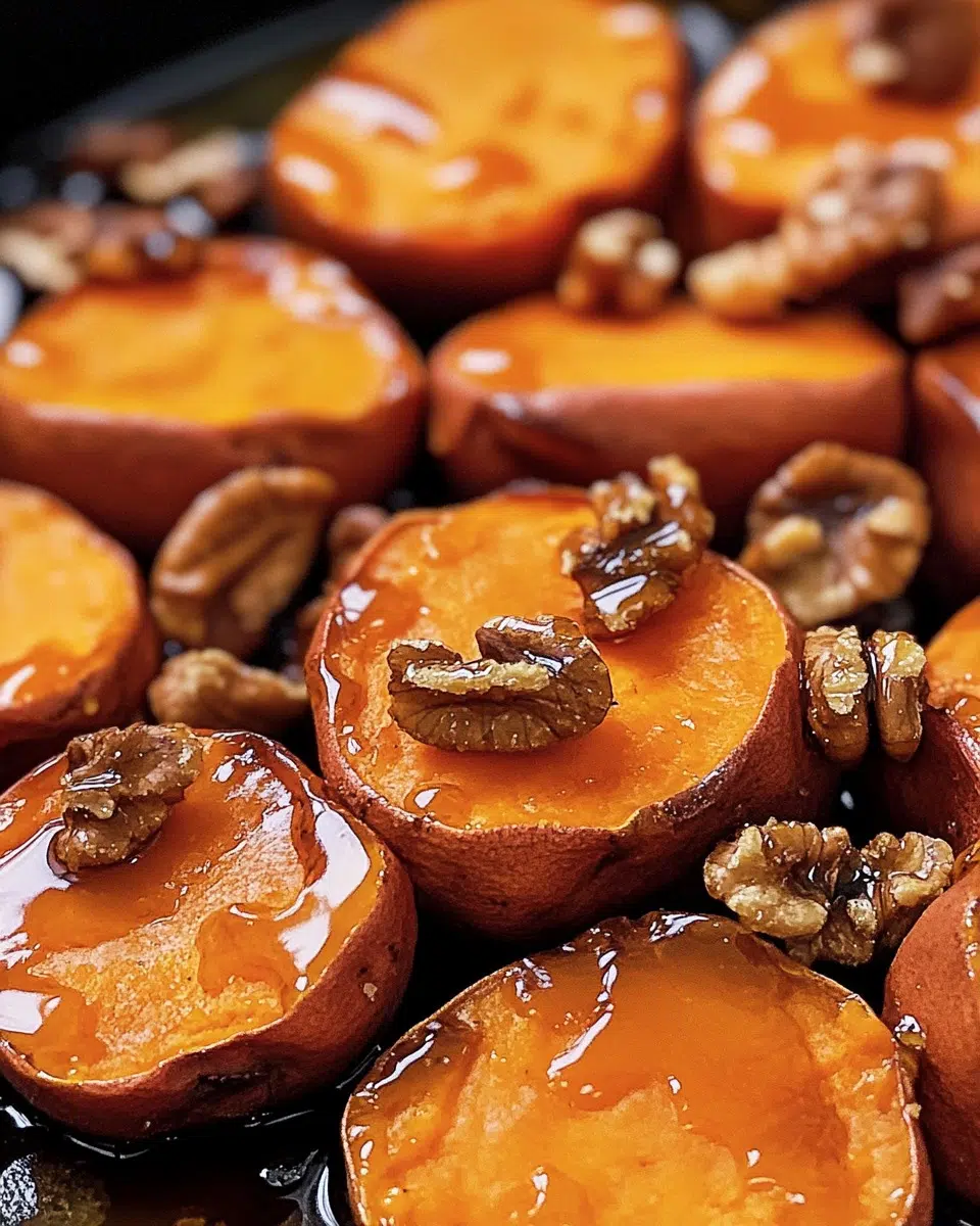 Maple glazed roasted sweet potatoes topped with walnuts.