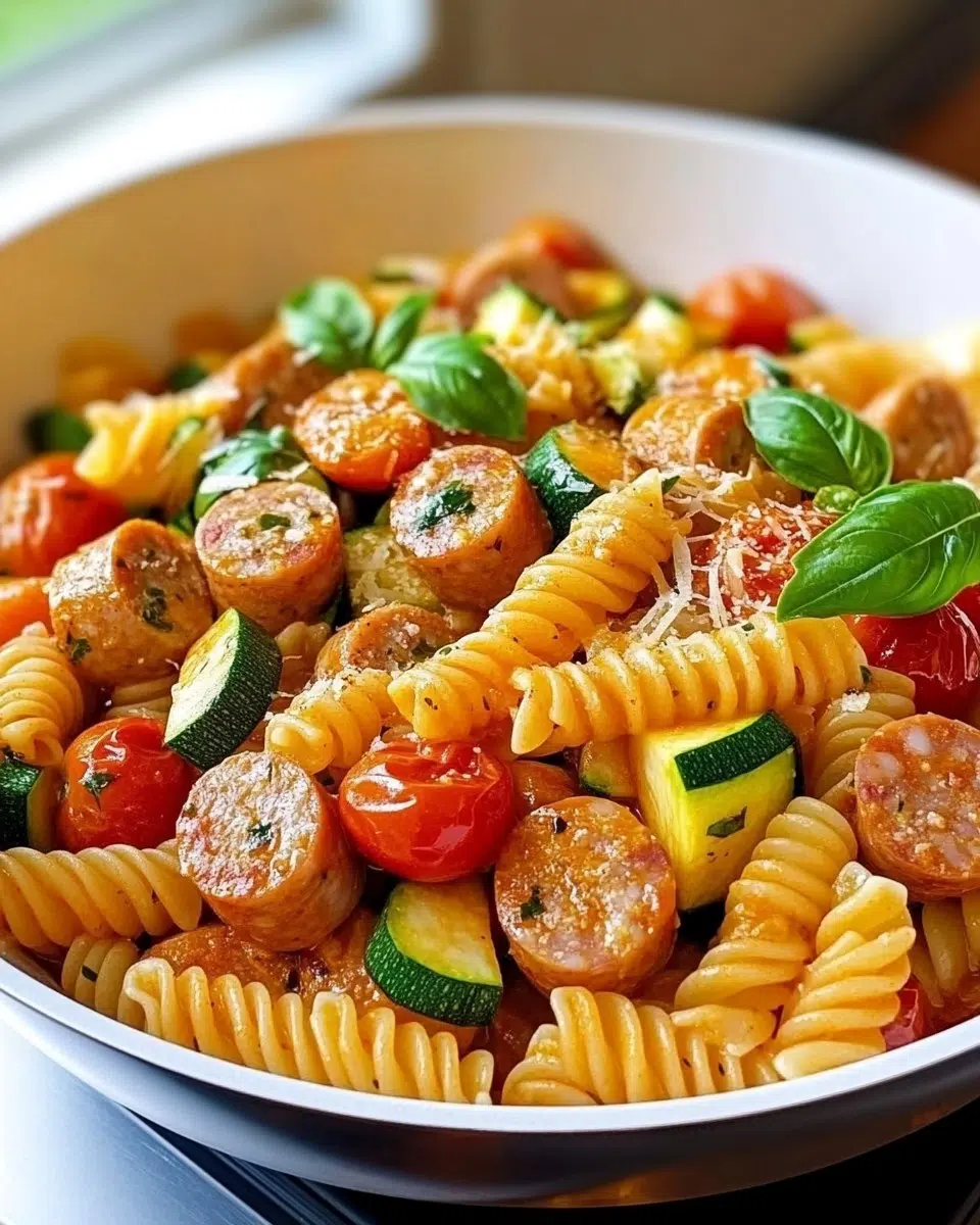 One-pan chicken sausages, roasted zucchini, tomatoes, and pasta in a skillet.