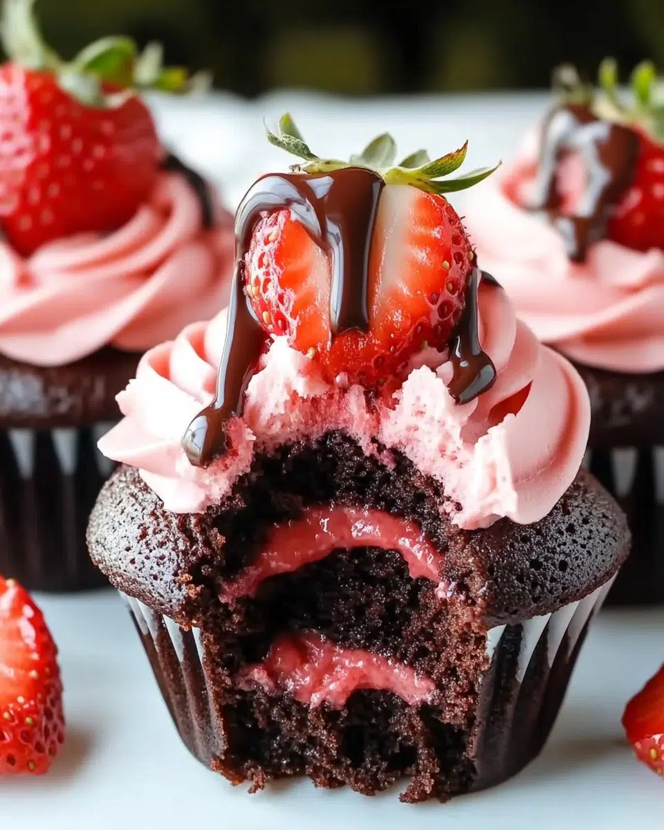 Delicious chocolate strawberry cupcakes topped with cream and fresh strawberries