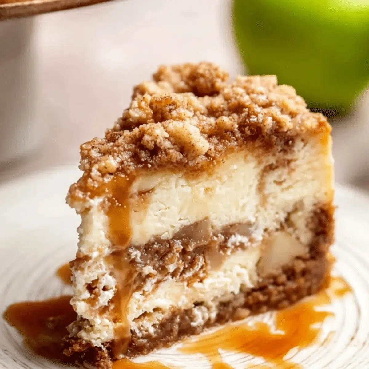 Golden-brown apple crumble cheesecake with a slice removed.