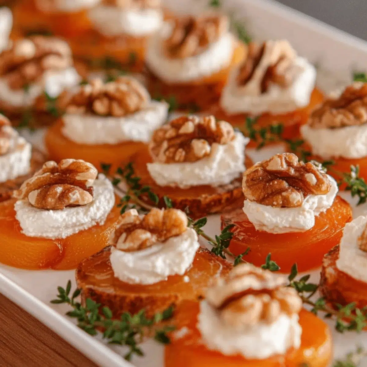 Elegant apricot and goat cheese appetizers on a serving platter.