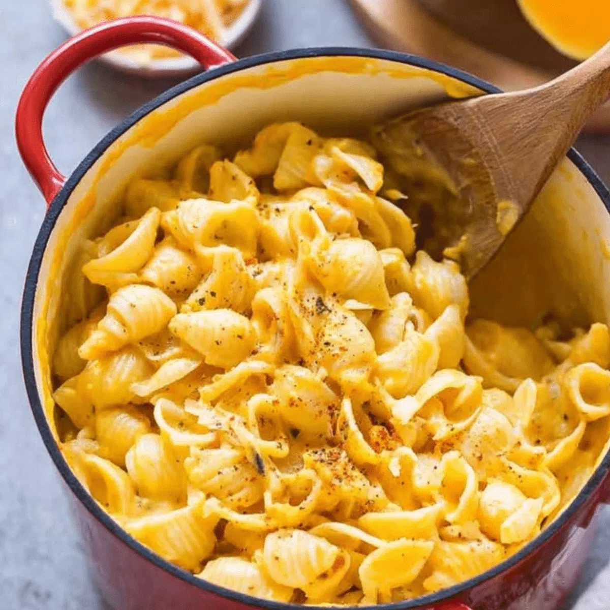 Quick creamy butternut squash mac and cheese in a bowl, garnished with herbs.