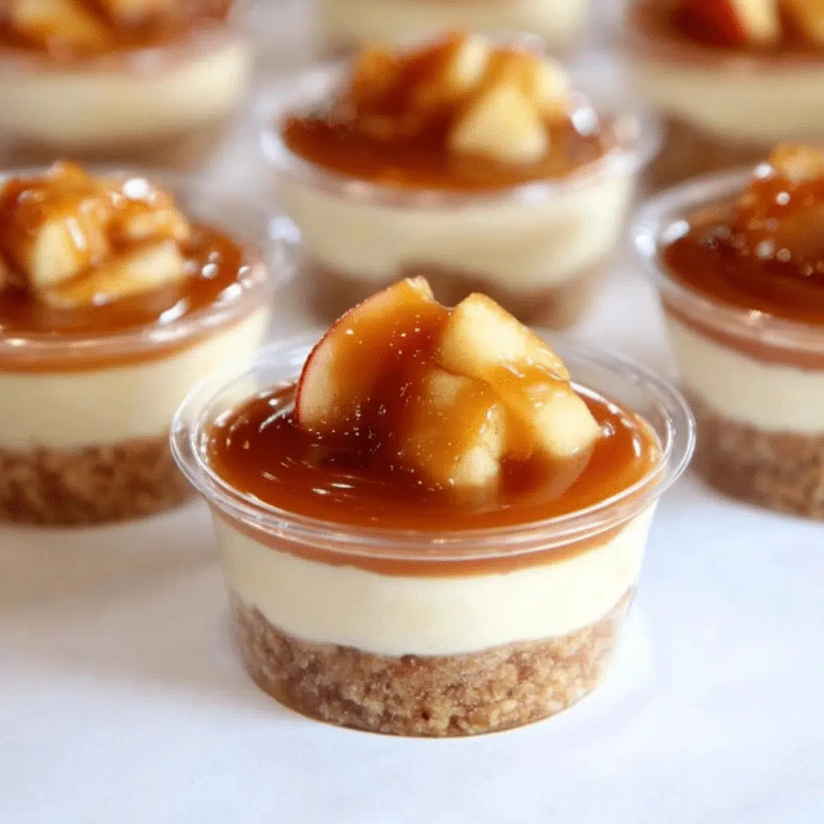 Individual caramel apple dessert cups with whipped cream and caramel drizzle, a perfect no-bake fall treat.