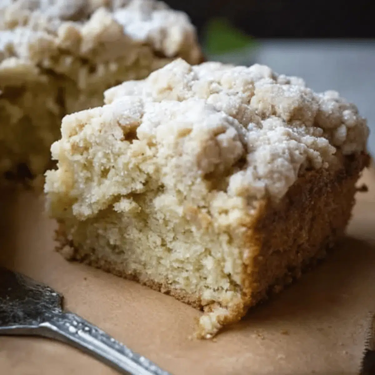 Moist cardamom crumb cake slice with fluffy texture and streusel topping.