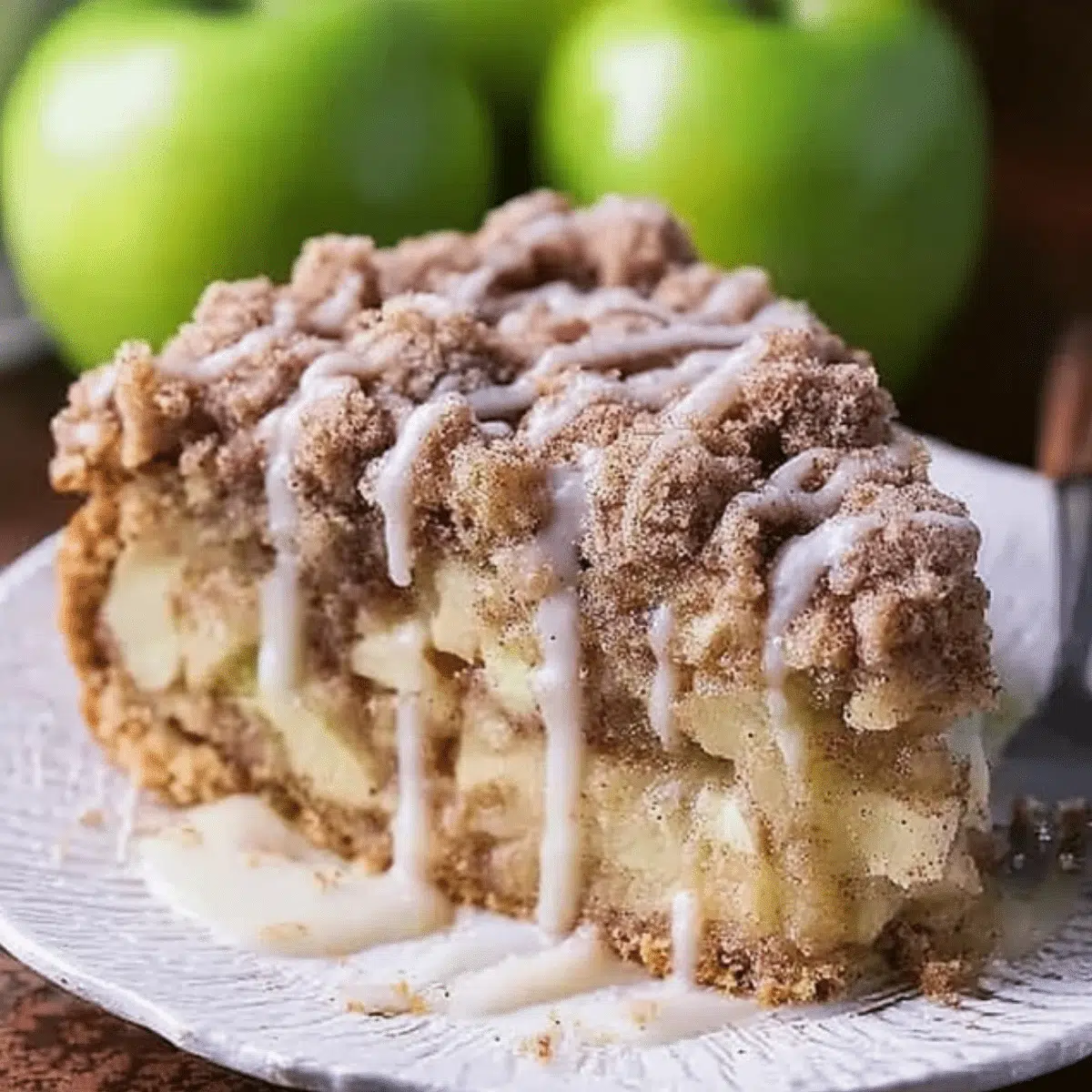 Delicious cinnamon apple crumb cake slice with golden streusel topping.