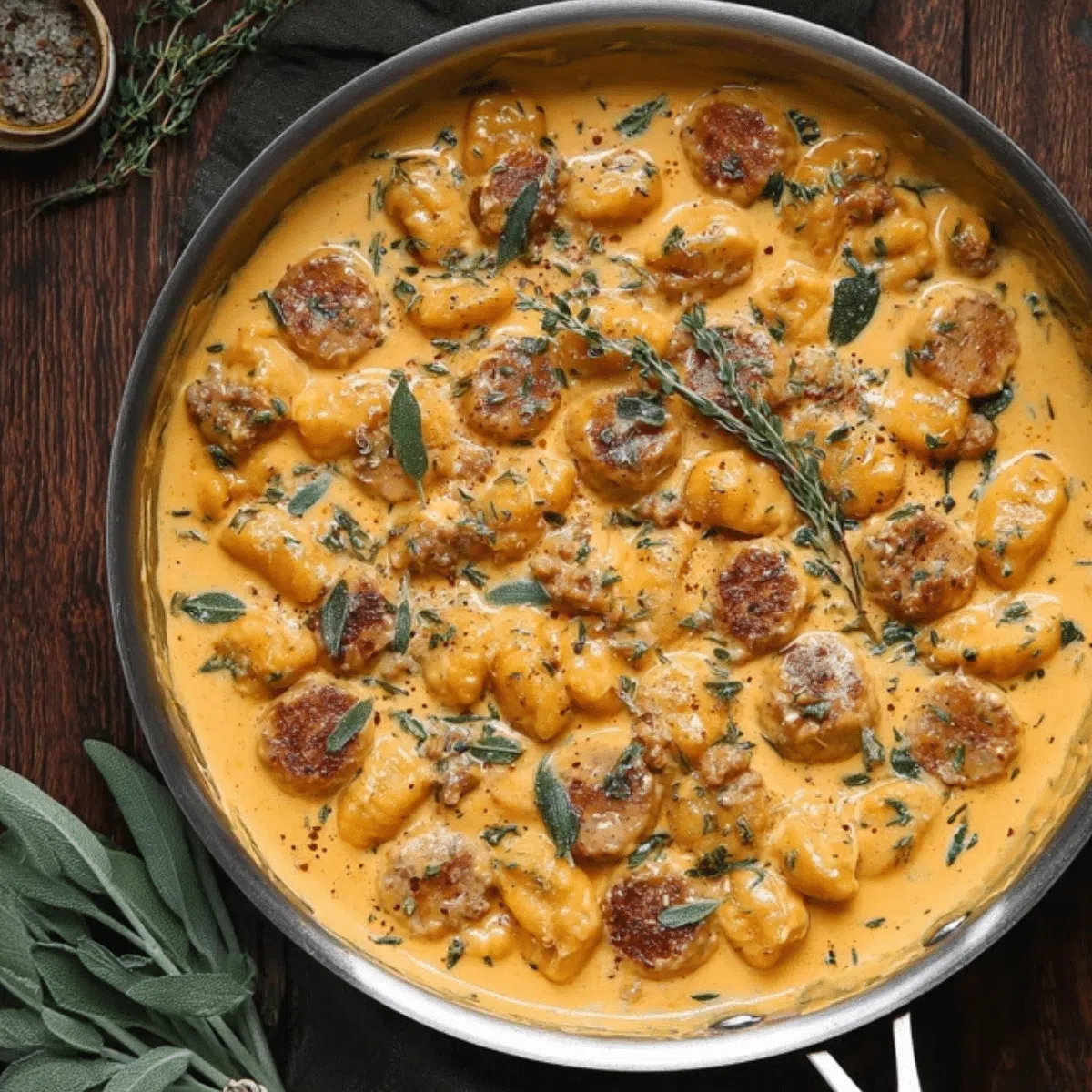 Creamy butternut squash gnocchi with sausage in a bowl
