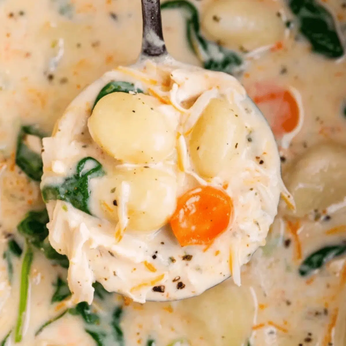 Hearty Crockpot Chicken Gnocchi Soup in a ceramic bowl, garnished with fresh parsley.