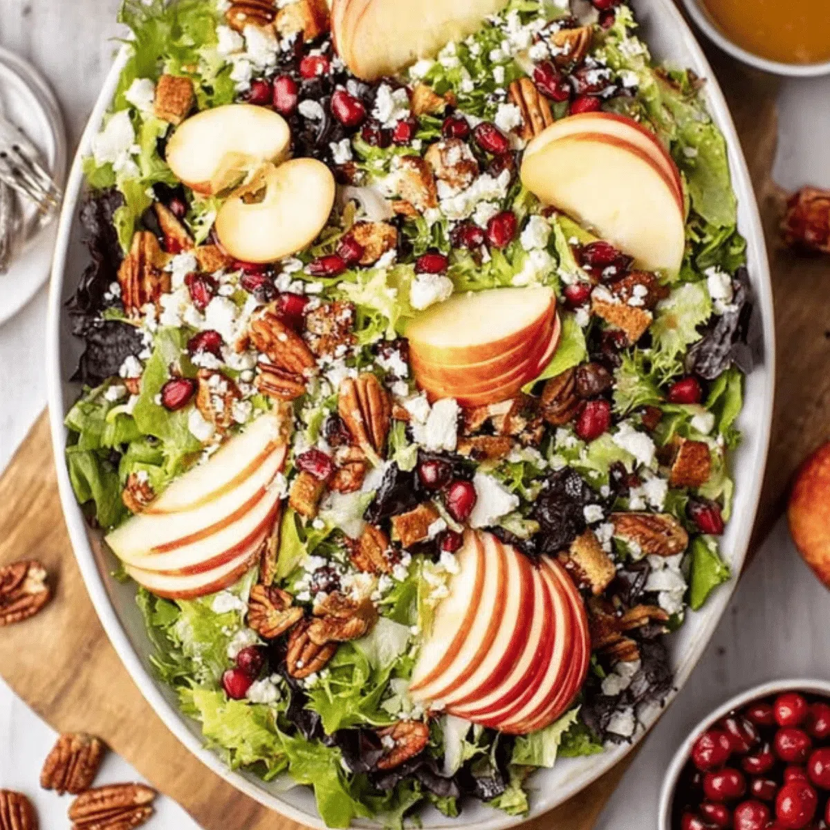 Vibrant fall harvest salad with mixed greens, sliced apples, roasted squash, and apple cider vinaigrette.