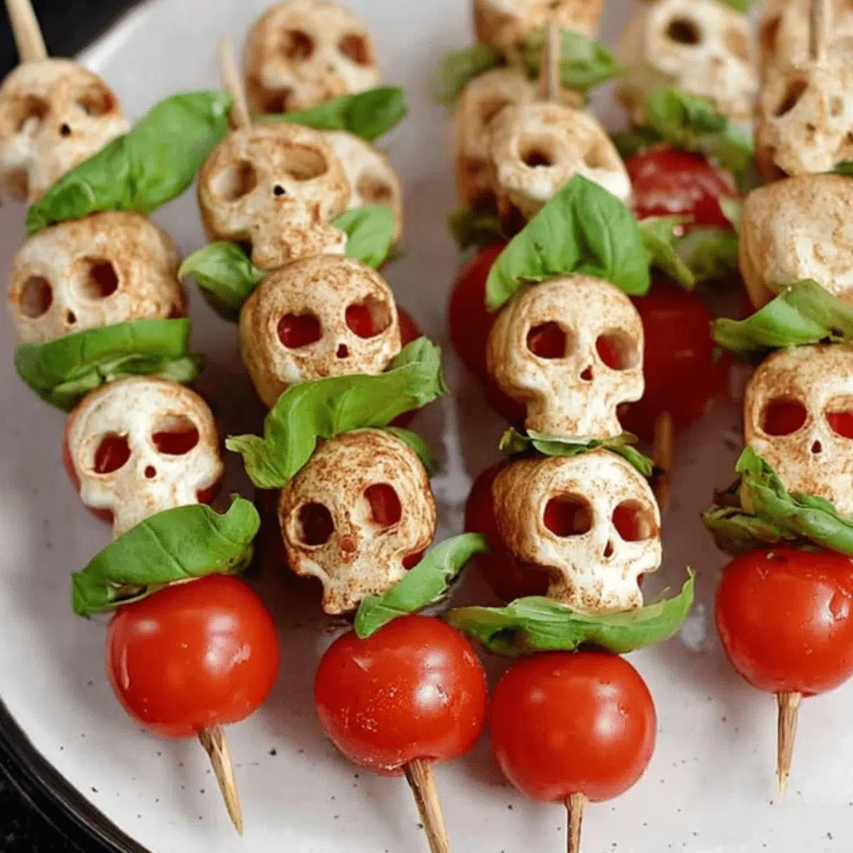 Spooky Halloween Caprese skewers with mozzarella, cherry tomatoes, and fresh basil.