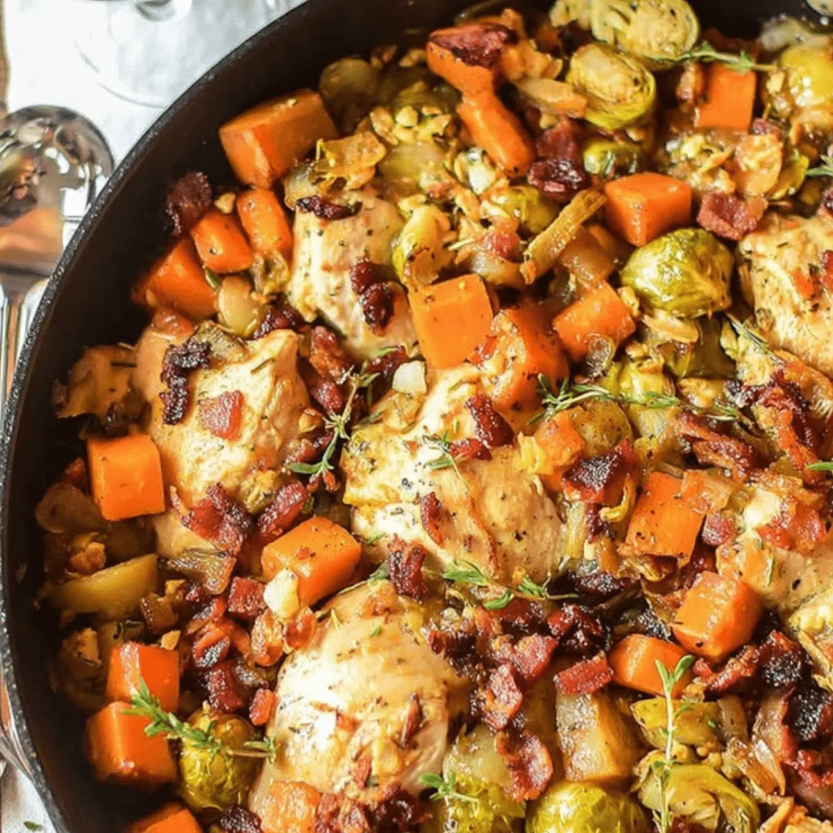 Cozy one-pan harvest chicken skillet with roasted fall vegetables and herbs.