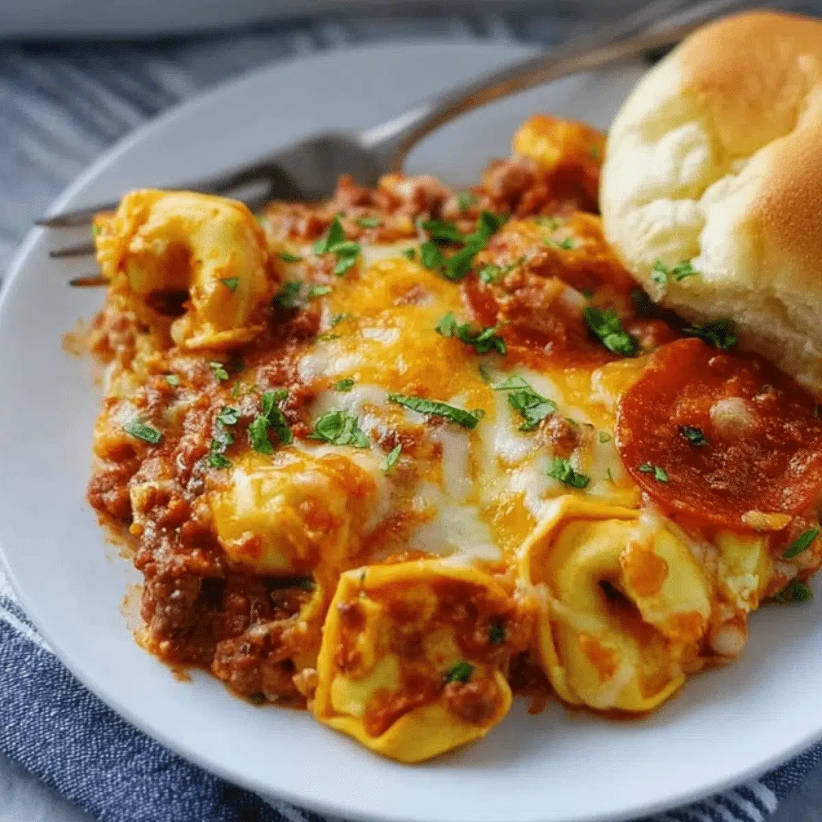 Bubbling baked tortellini with melted golden-brown cheese