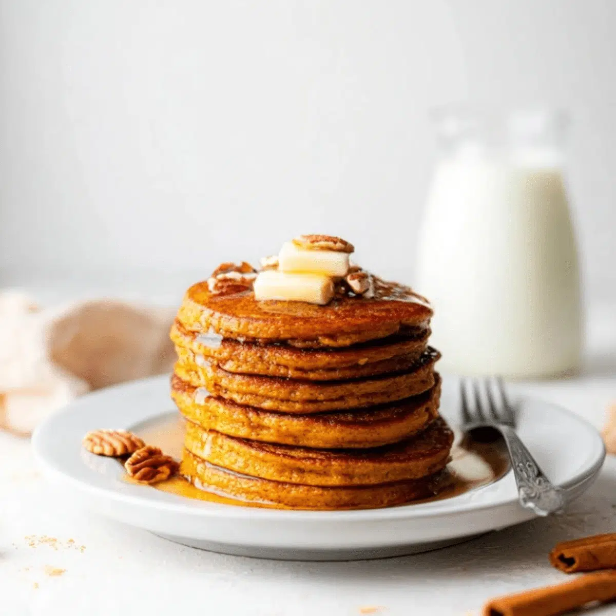 Healthy fluffy oatmeal pumpkin pancakes stack with maple syrup