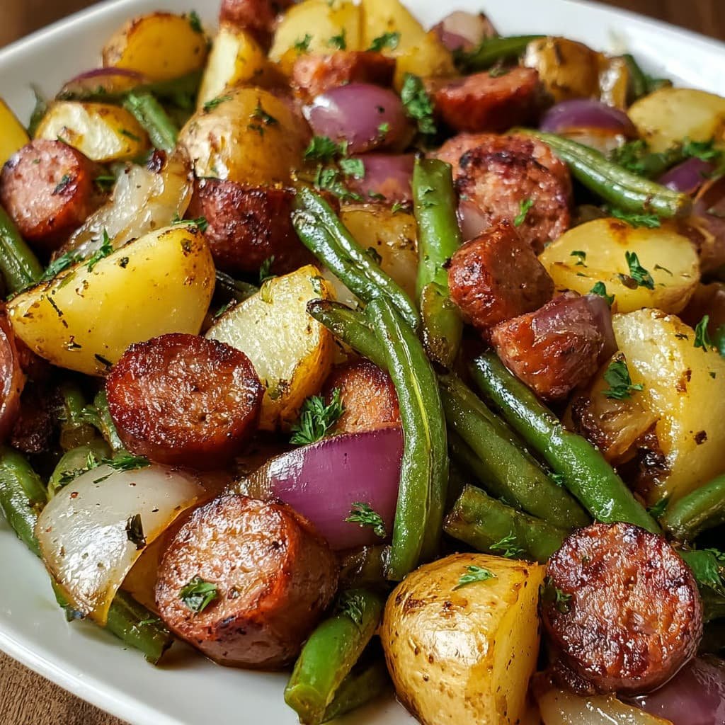One Pan Sausage, Green Beans, and Potatoes