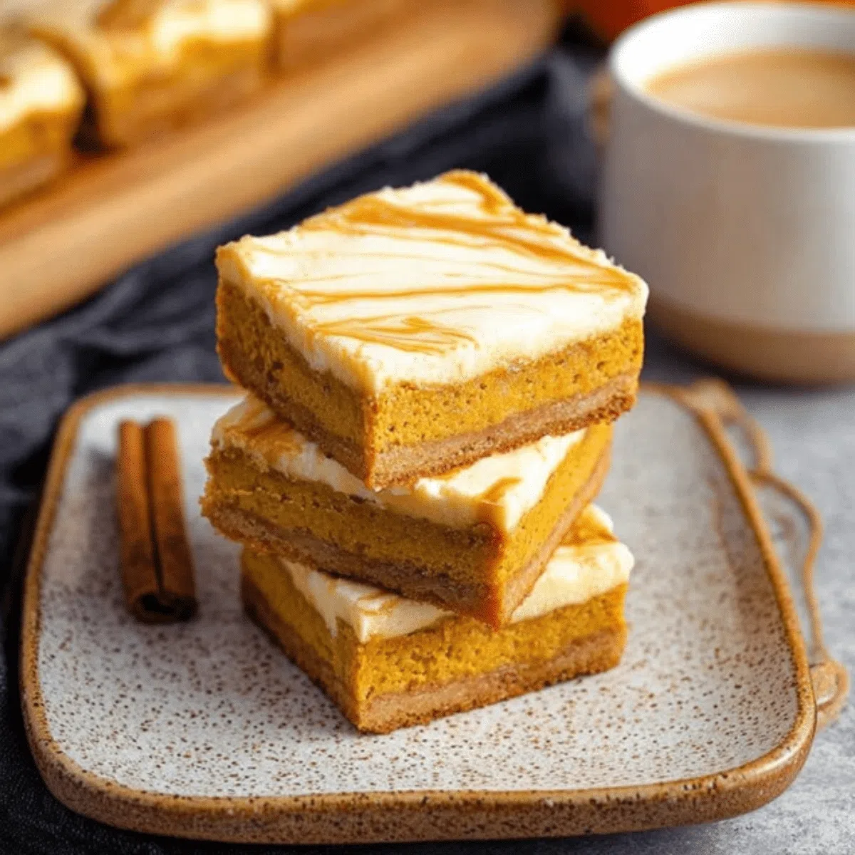 Creamy pumpkin cheesecake bars with a golden crust, garnished with cinnamon.