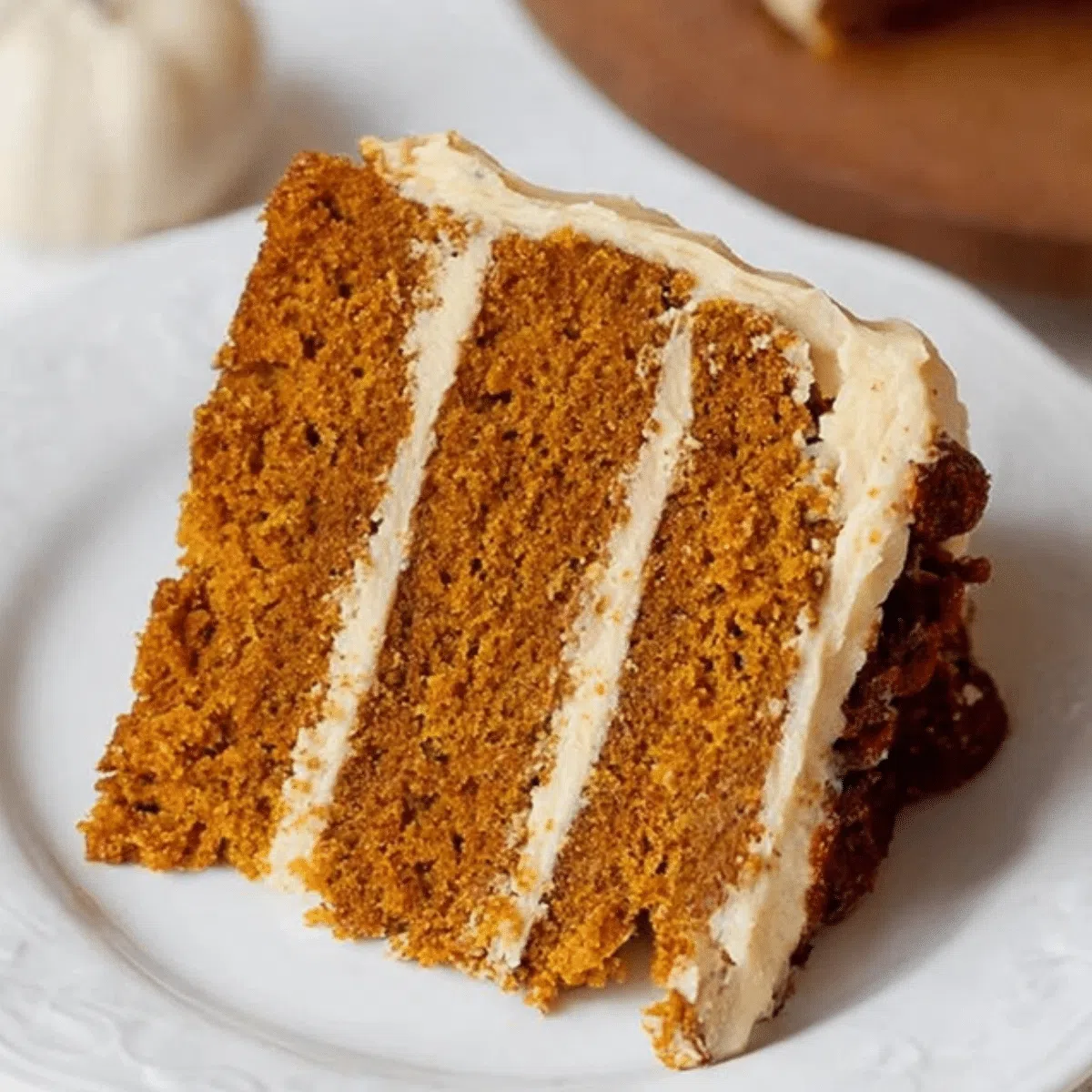 Fluffy pumpkin spice cake with a generous swirl of brown butter frosting