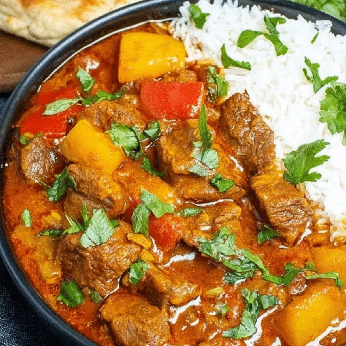 Slow cooker beef curry in a bowl with rice and fresh cilantro.