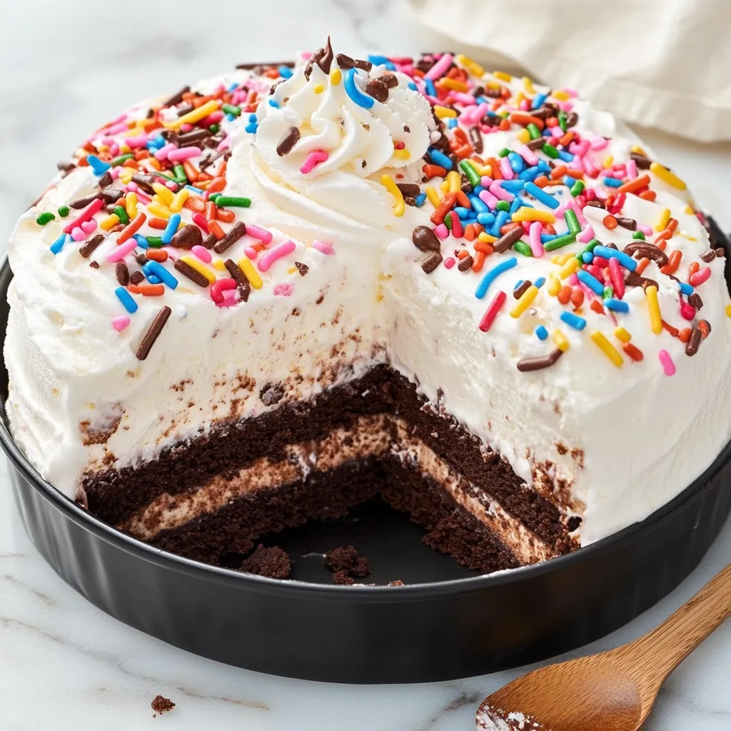 Homemade layered ice cream cake with fudge and cookie crunch, decorated for a birthday.