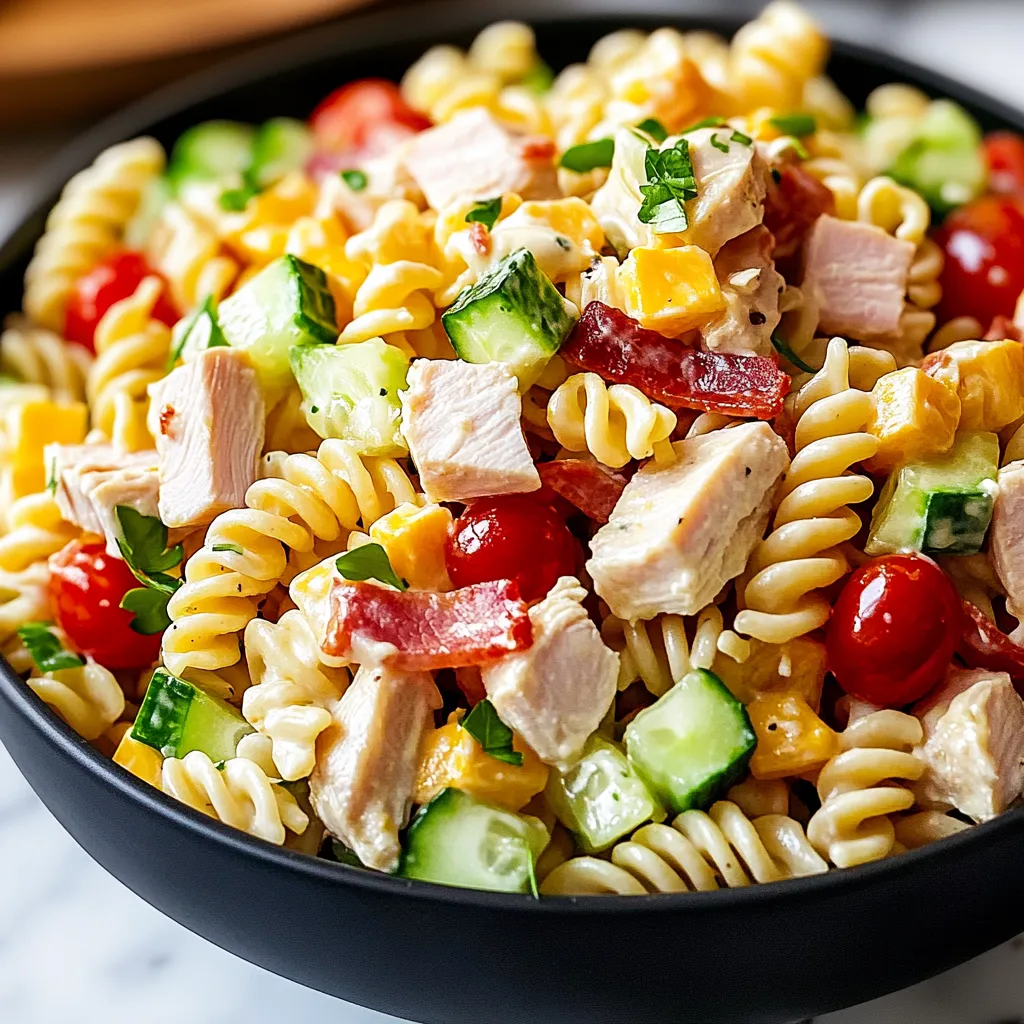 Creamy chicken club pasta salad in a serving bowl, garnished with fresh herbs.