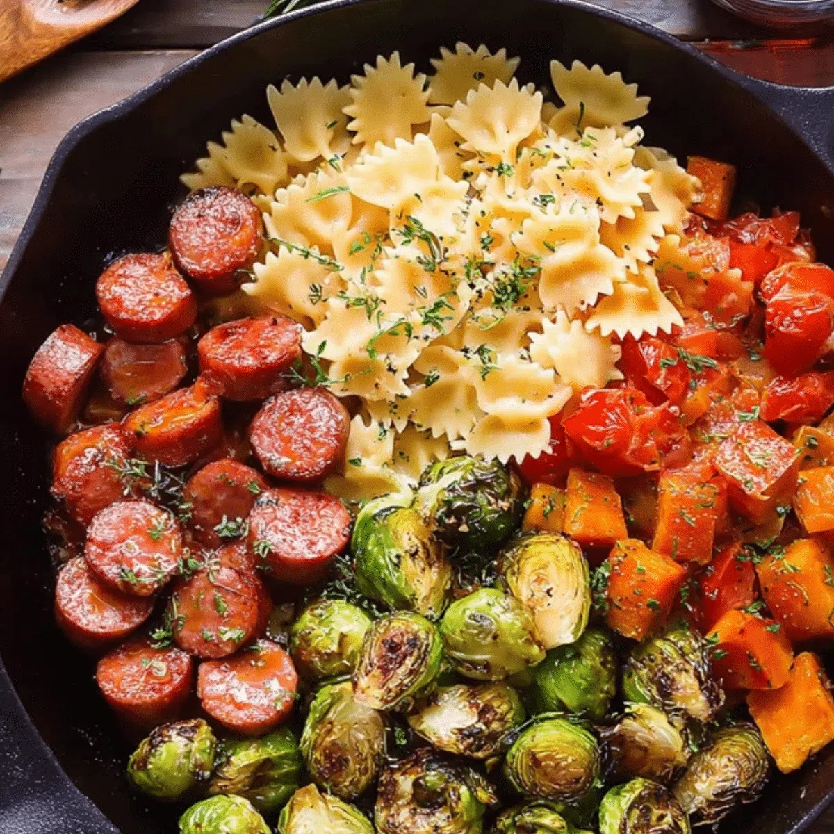 One-pan sausage, roasted vegetables, and pasta in a skillet for a cozy fall feast.