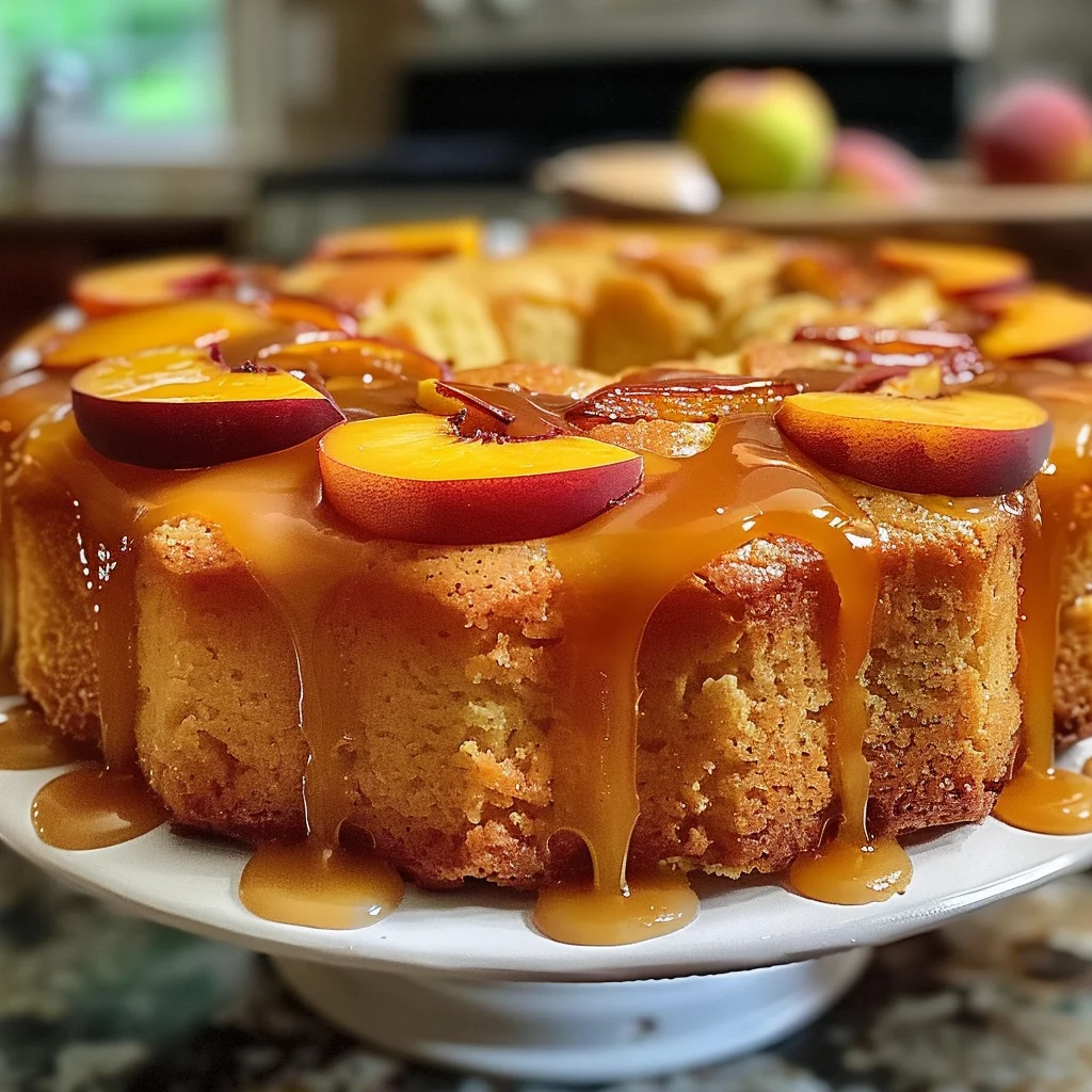 Moist slice of Southern Peach Buttermilk Pound Cake with fresh peach slices and a light glaze.