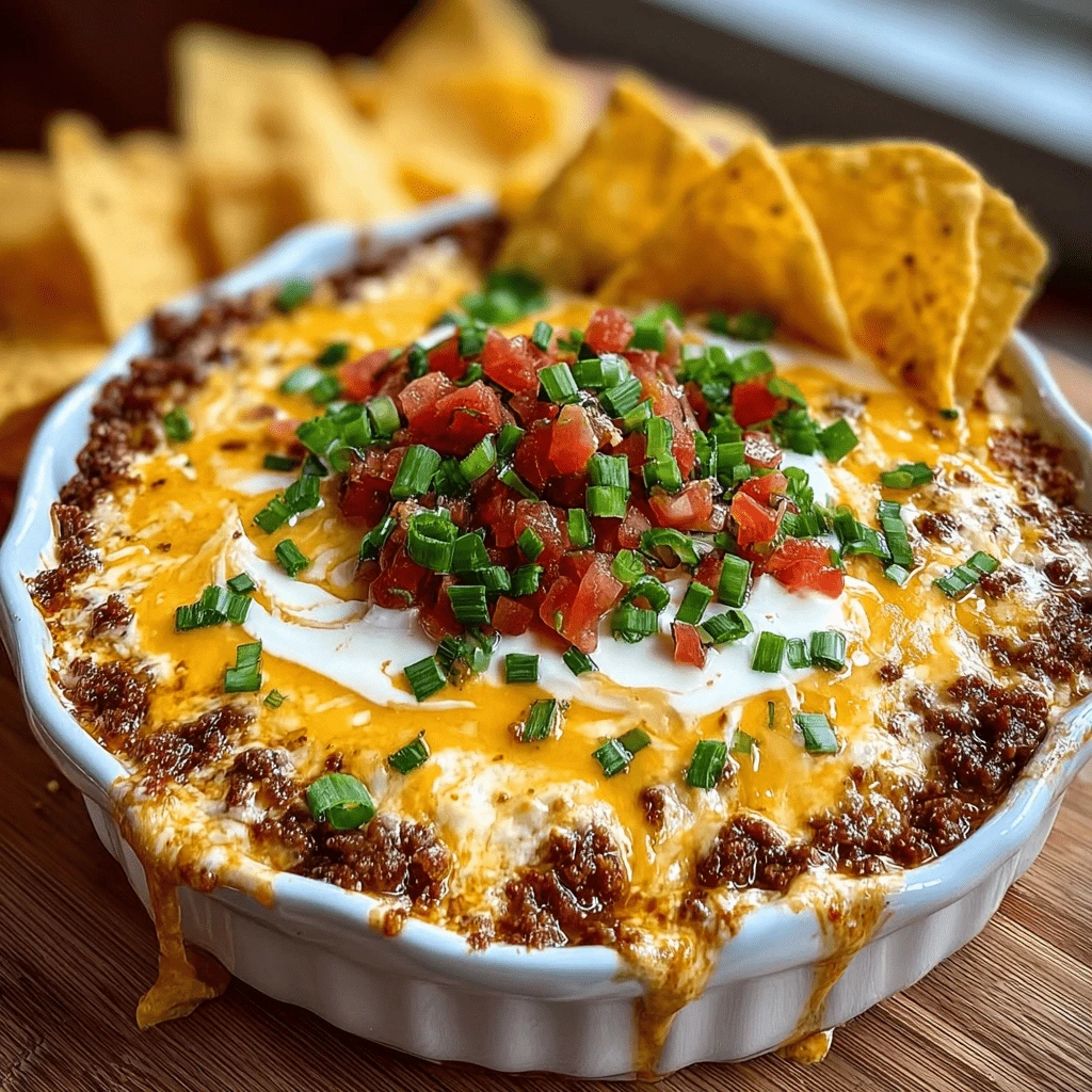 Hot, cheesy Meaty Texas Trash Dip in a serving bowl with tortilla chips.