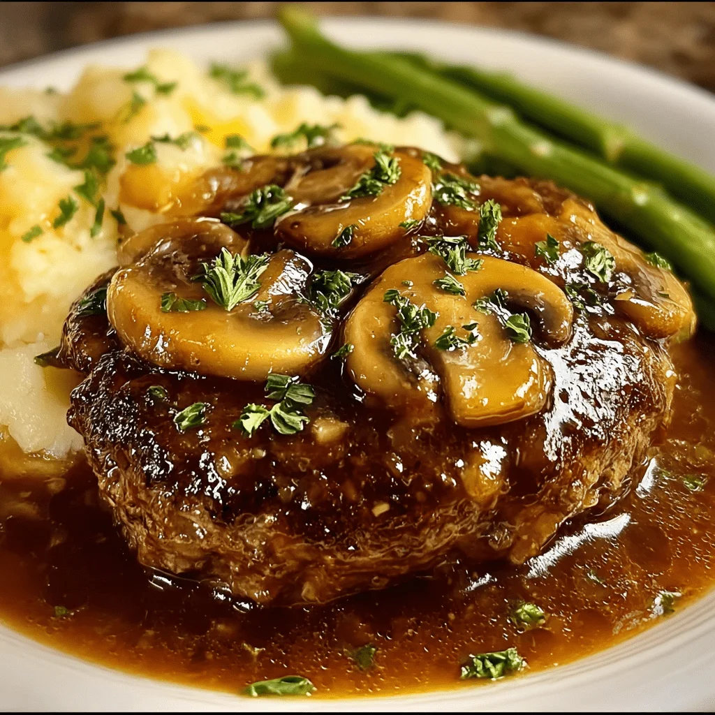Bobby Flay's gourmet Salisbury steak with rich mushroom gravy and mashed potatoes