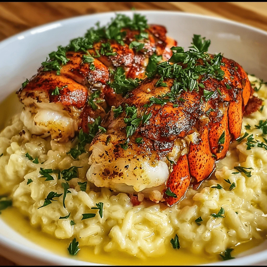 Butter-poached lobster tails served with creamy risotto