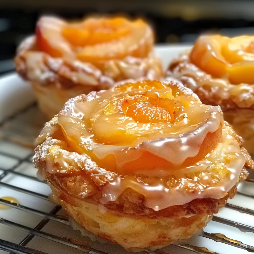 Golden, flaky peach pie cruffin with a sweet, bubbly filling.