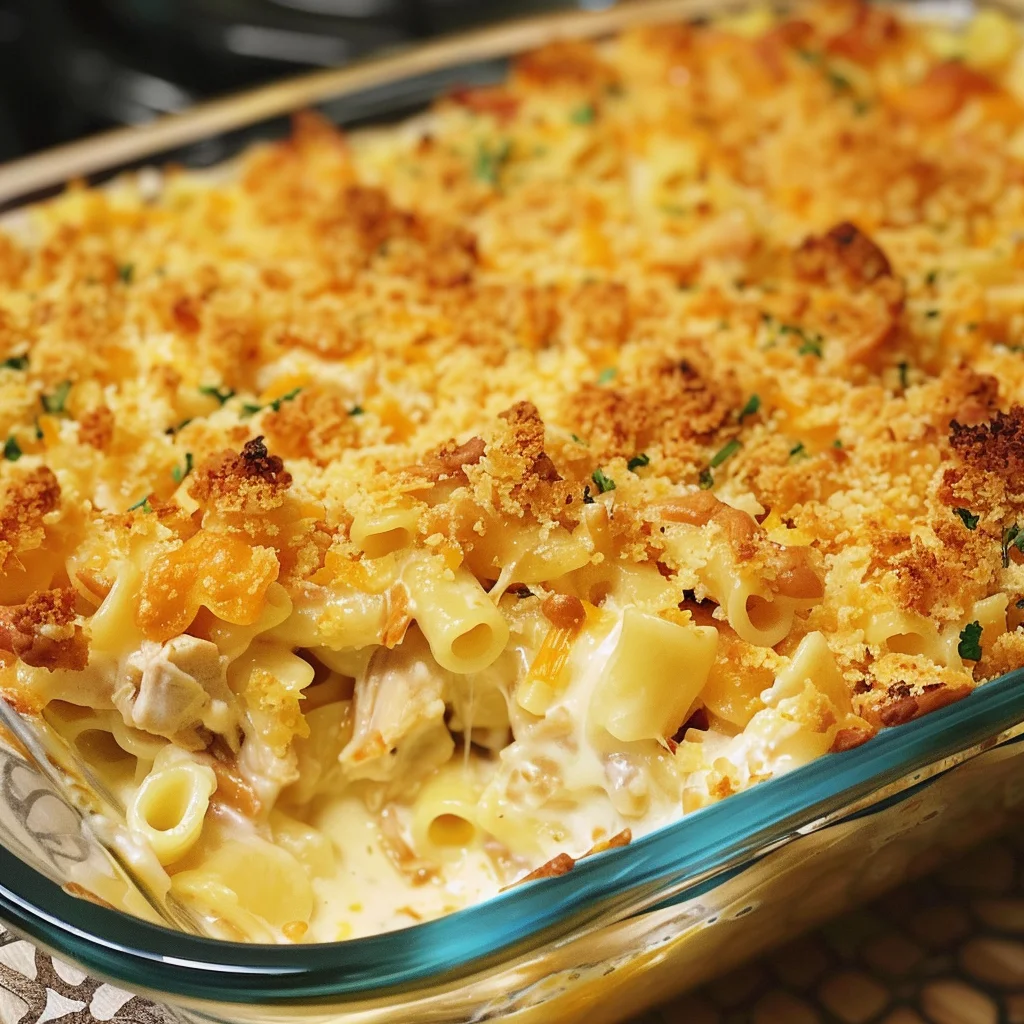 Warm chicken noodle casserole bubbling in a baking dish.