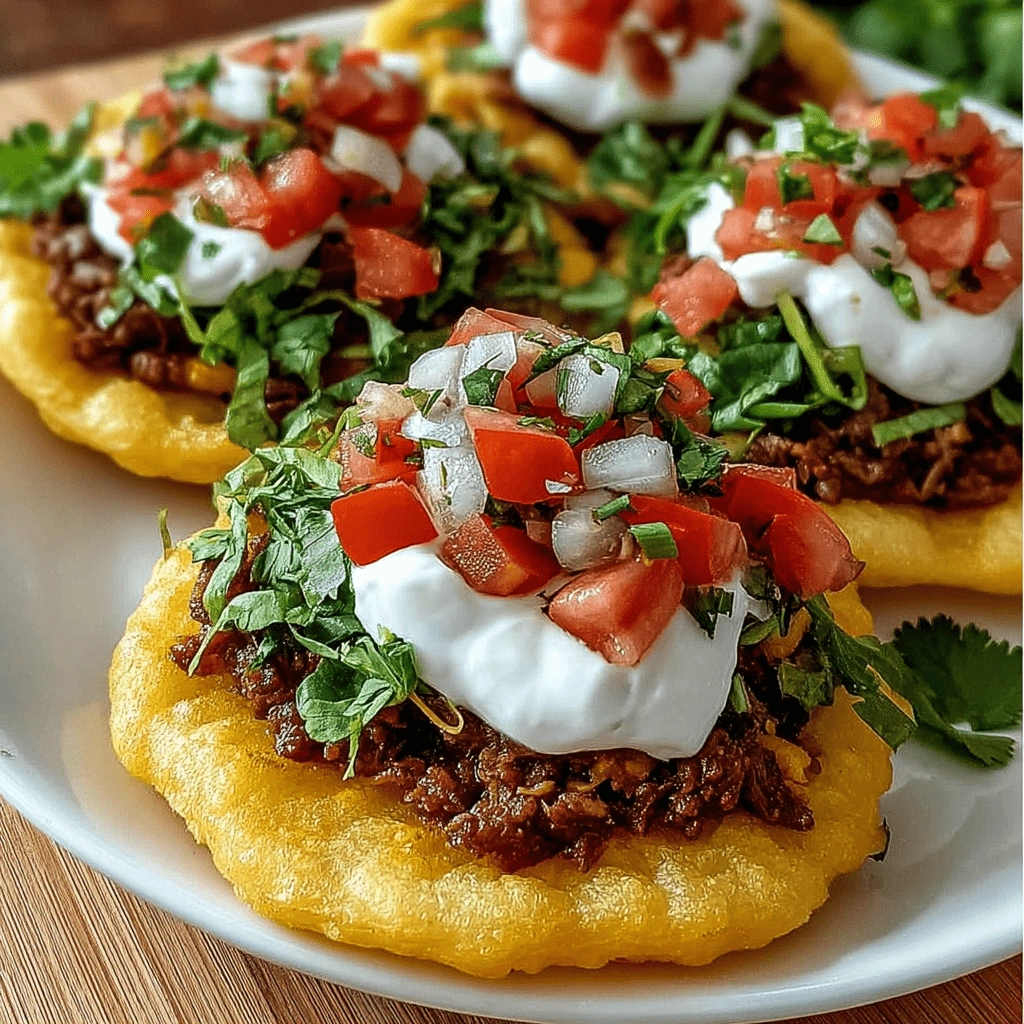 Soft and fluffy Indian fry bread tacos with savory fillings.