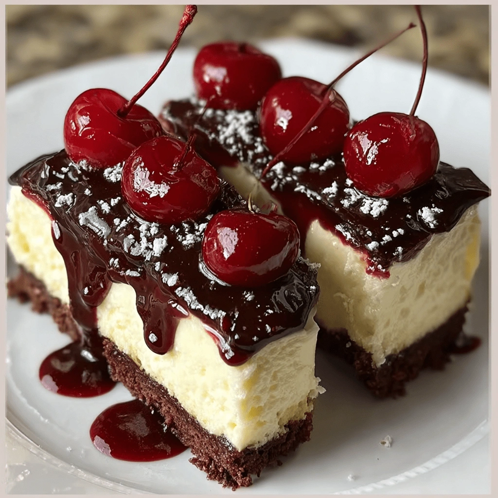 Black Forest cheesecake slice with chocolate, cherries, and whipped cream