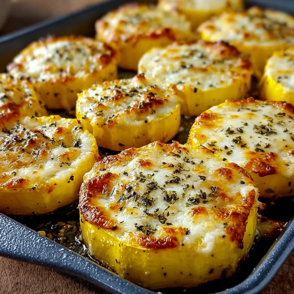 Golden brown crispy cheesy baked yellow squash rounds.
