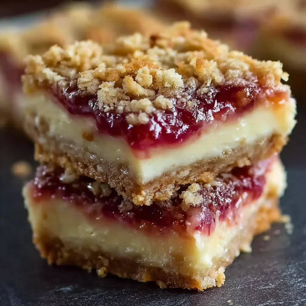 Sweet and tangy rhubarb cream cheese bars with a golden crumble topping.