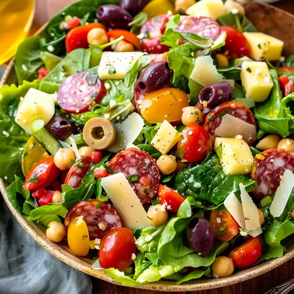 Crisp Italian chopped Romaine lettuce salad with vibrant vegetables and dressing.