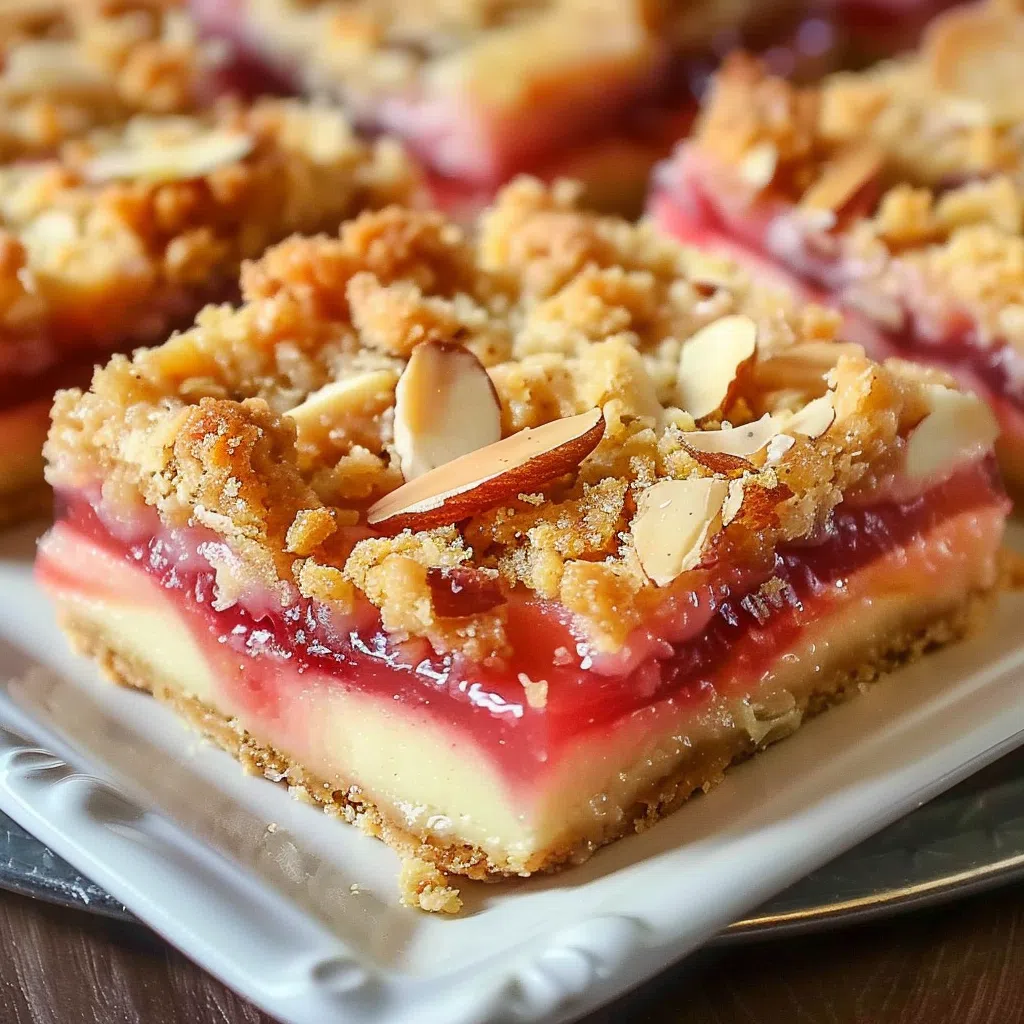 Rhubarb cream cheese bar with a golden crust, creamy filling, and vibrant red topping.