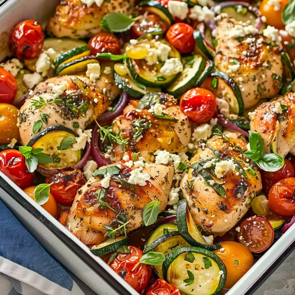 Healthy Mediterranean chicken zucchini bake with feta and herbs.