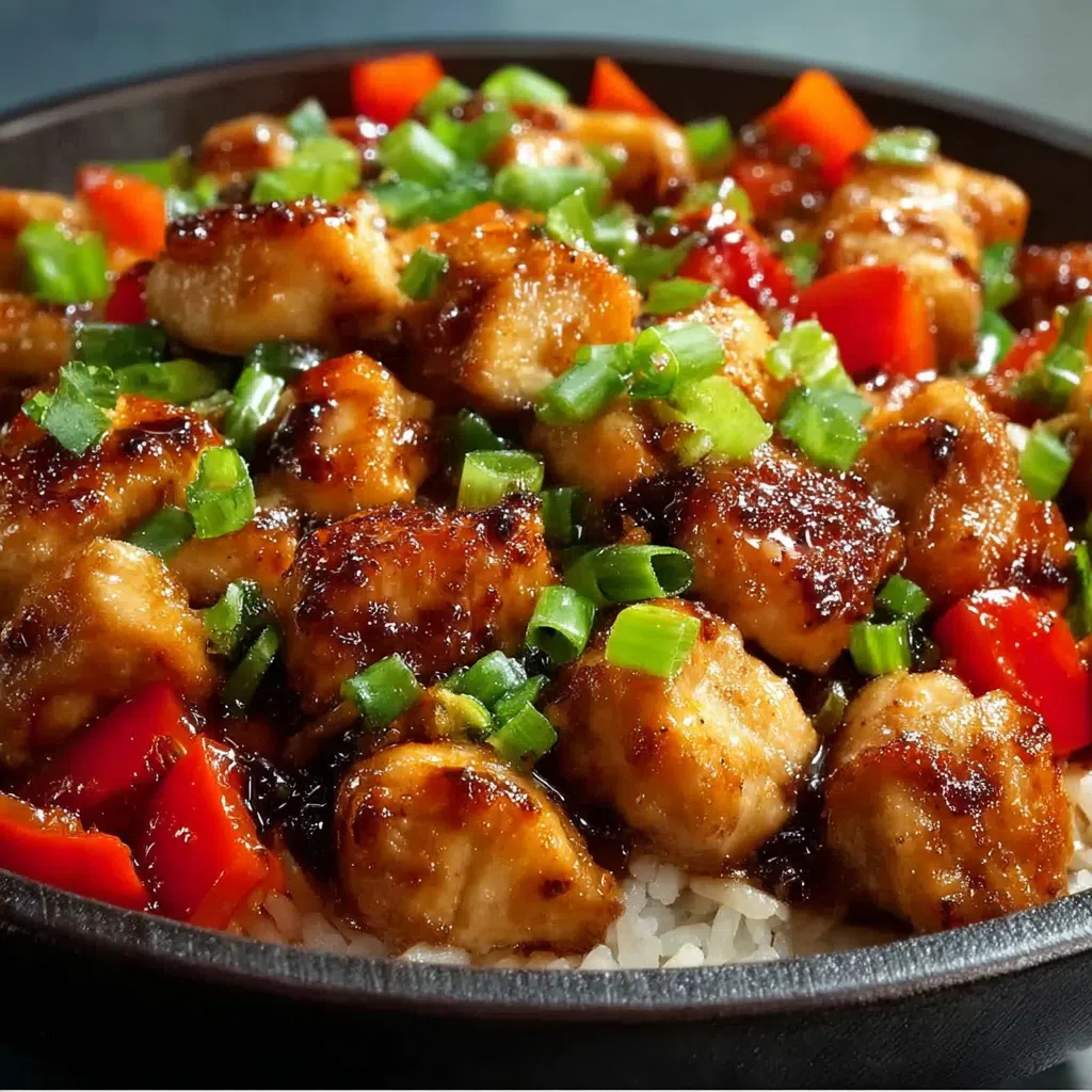 Mongolian chicken dinner with savory sauce and rice.