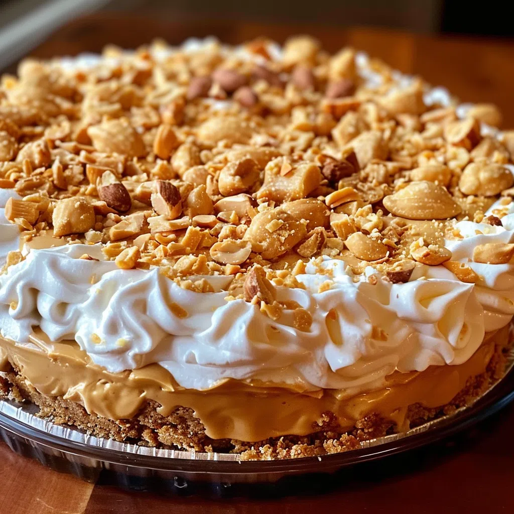 Delectable no-bake Butterfinger cheesecake pie with crushed candy topping.
