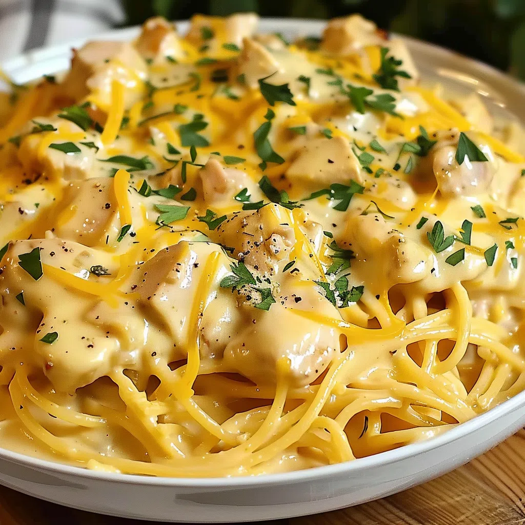 Creamy crockpot chicken spaghetti in a serving bowl.