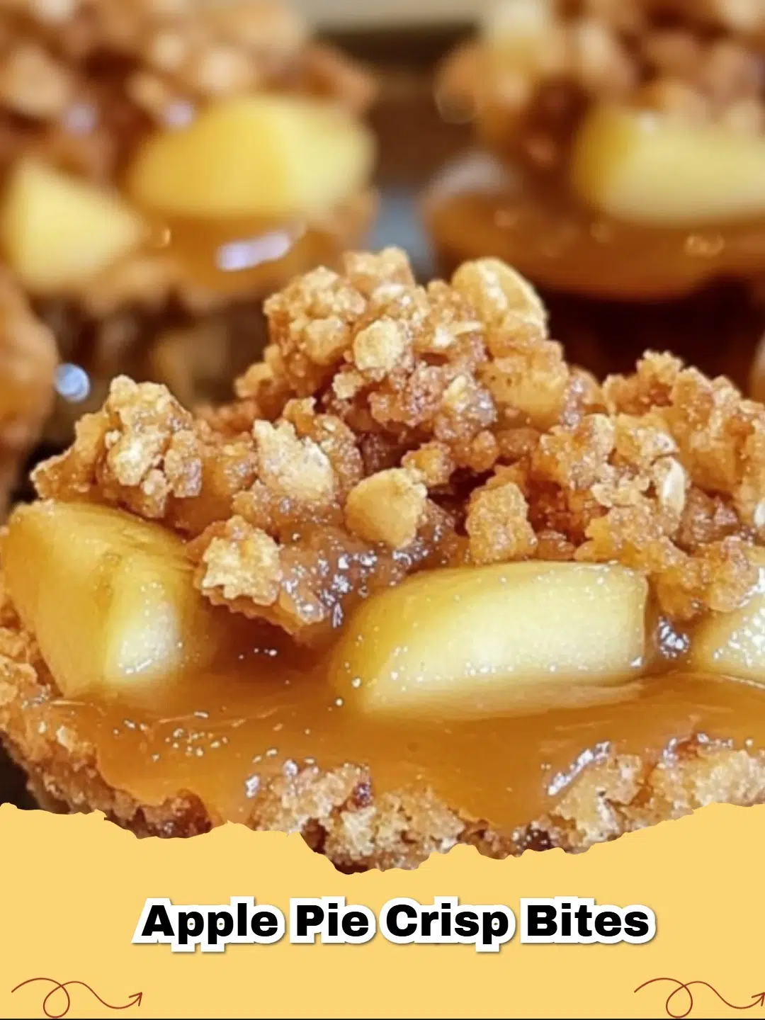 Close-up of golden-brown Apple Pie Crisp Bites with a crunchy oat topping, served on a rustic board for a fall dessert.