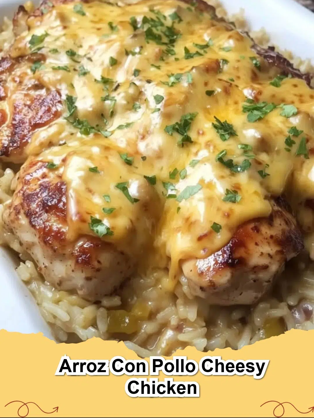 A close-up of a skillet of bubbling Arroz Con Pollo Cheesy Chicken, garnished with fresh cilantro, ready to be served.