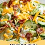 Delicious Bacon Cheddar Cucumber Bites arranged on a platter, a perfect healthy and easy snack.