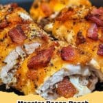 Close-up of baked Bacon Ranch Chicken Bombs, golden brown and oozing with cheesy filling, served on a plate.
