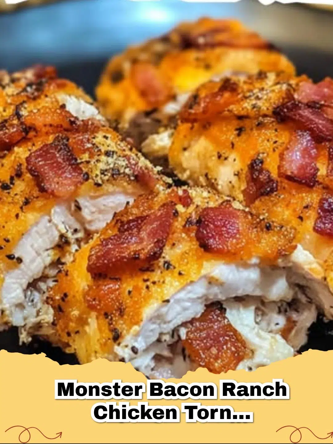 Close-up of baked Bacon Ranch Chicken Bombs, golden brown and oozing with cheesy filling, served on a plate.
