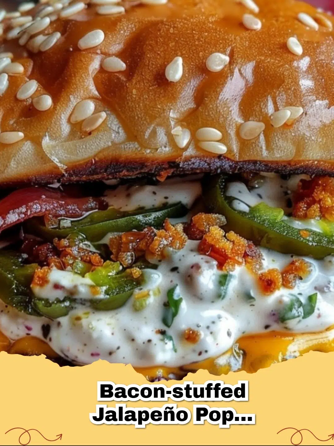 Close-up of a Bacon-Stuffed Jalapeño Popper Smash Burger with Ranch Burst, showing the melted cheese, crispy bacon, and creamy popper filling inside, with fresh toppings.