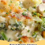 Baked Potato Chicken and Broccoli Casserole with melted cheese and fresh herbs, perfect for family dinner.