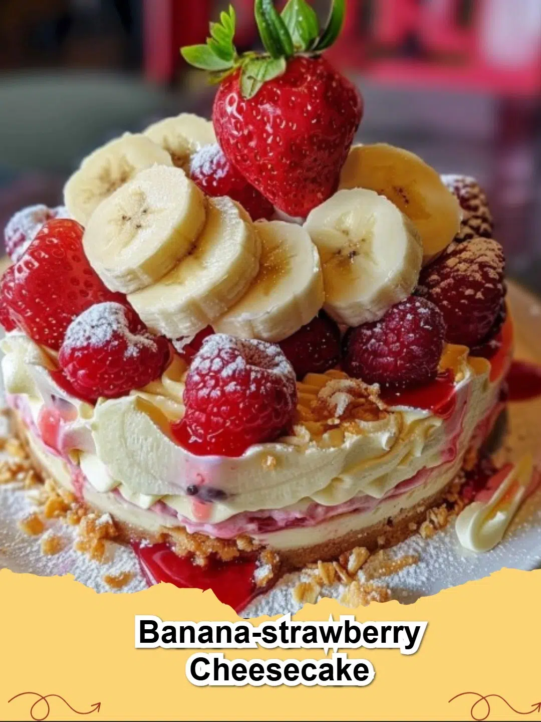 A beautiful slice of creamy Banana-Strawberry Cheesecake with a fresh strawberry topping and graham cracker crust on a white plate