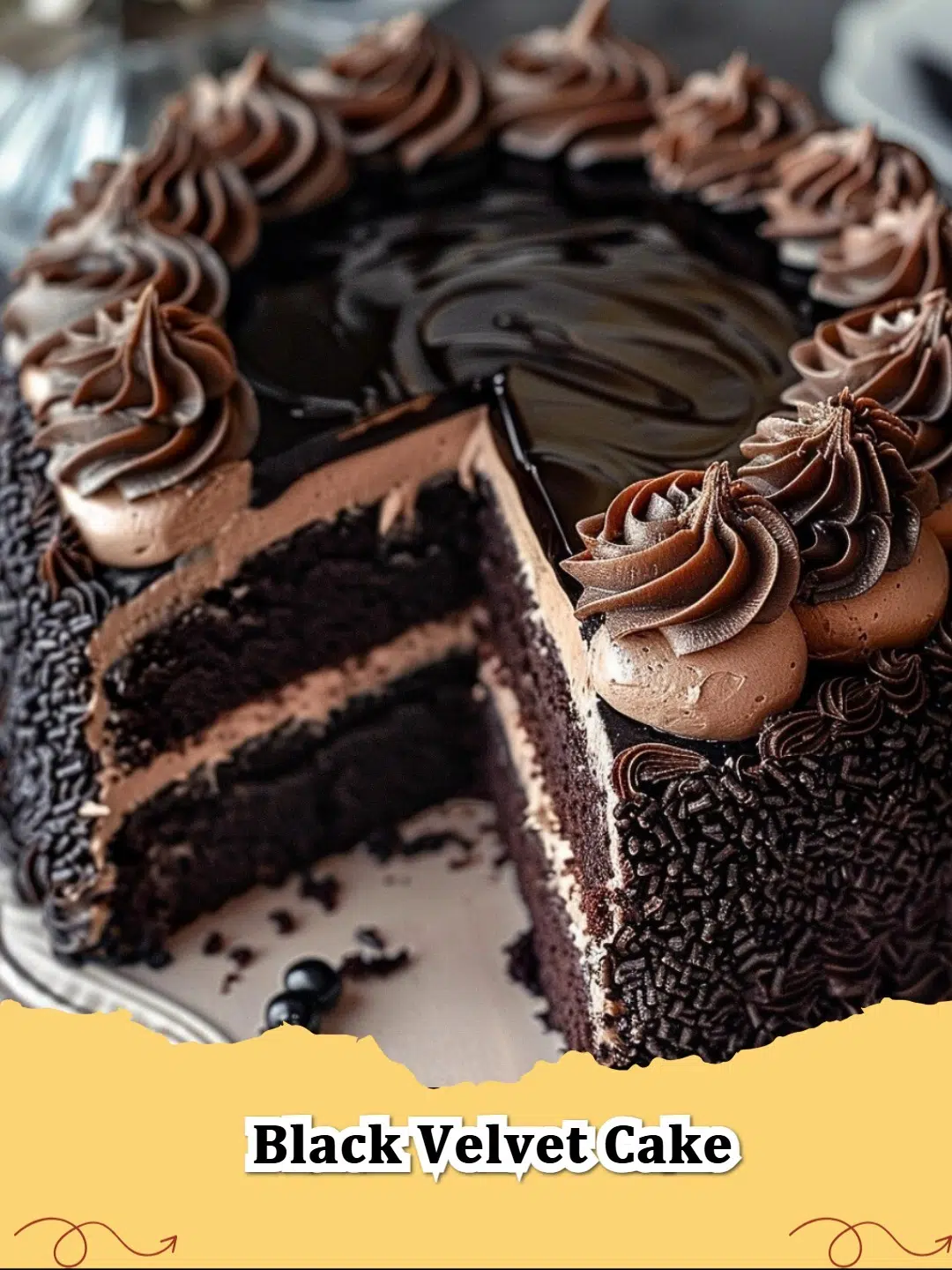 A beautifully frosted Black Velvet Cake with rich dark chocolate layers and creamy white cream cheese frosting, perfect for celebrations.